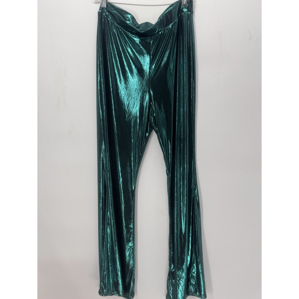 Fashion Nova Metallic Emerald Green Flare Pants Disco Y2K Club Party Festival M